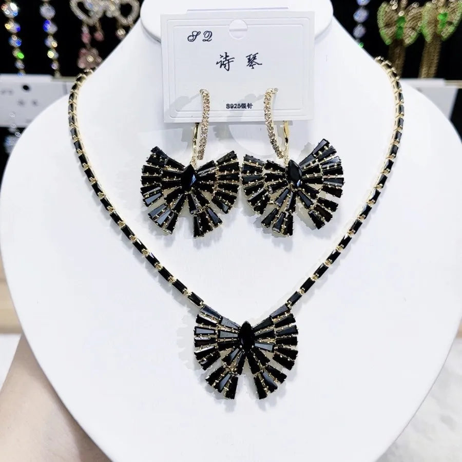 K091 Hot Selling Women Trendy Luxurious Geometric Black Zircon Bridal Necklace Earrings Set Wedding Elegant Jewelry Set