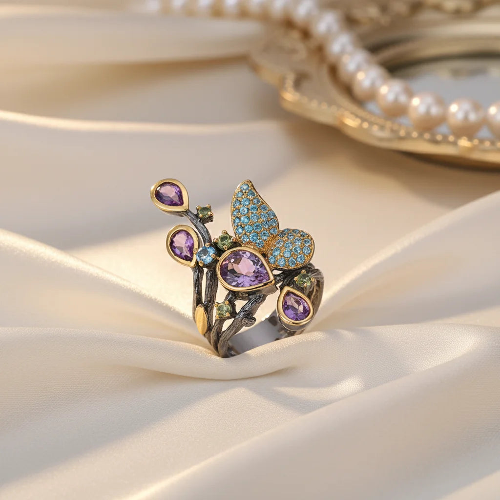 Wholesale Coloured Latest Amethyst 925 Sterling Silver Vintage Ring for Ladies