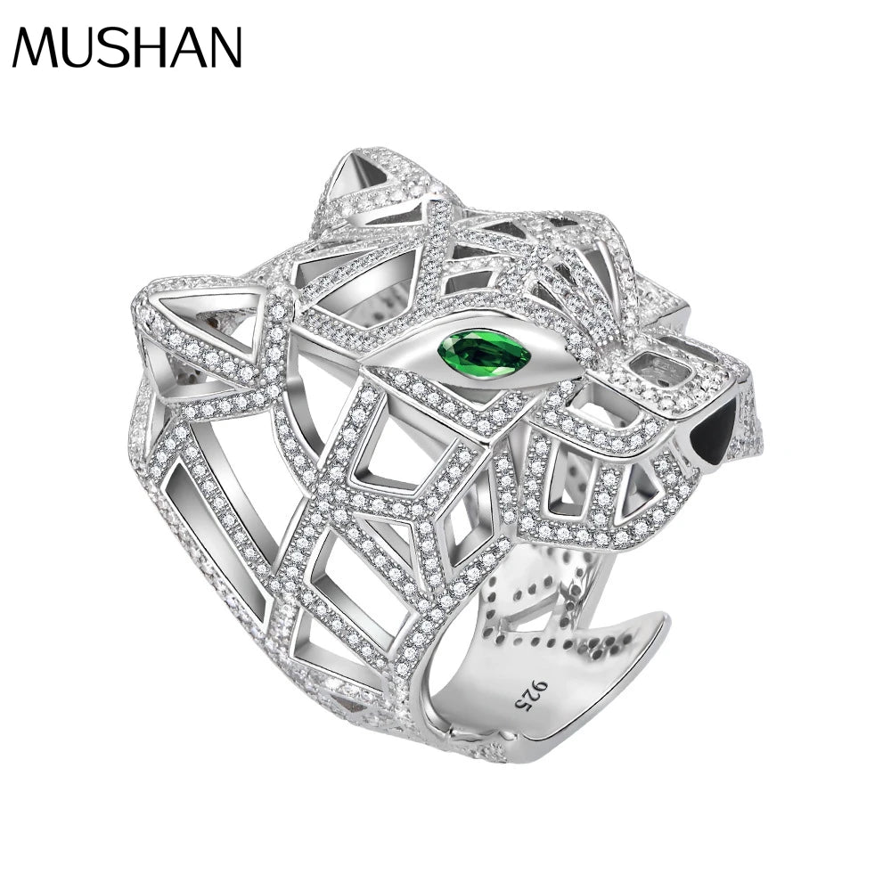 MuShan Jewelry Factory Leopard Head 925 Sterling Silver Rings Bands Women Hollow Design High Carbon Diamond HCD Gemstones Ring