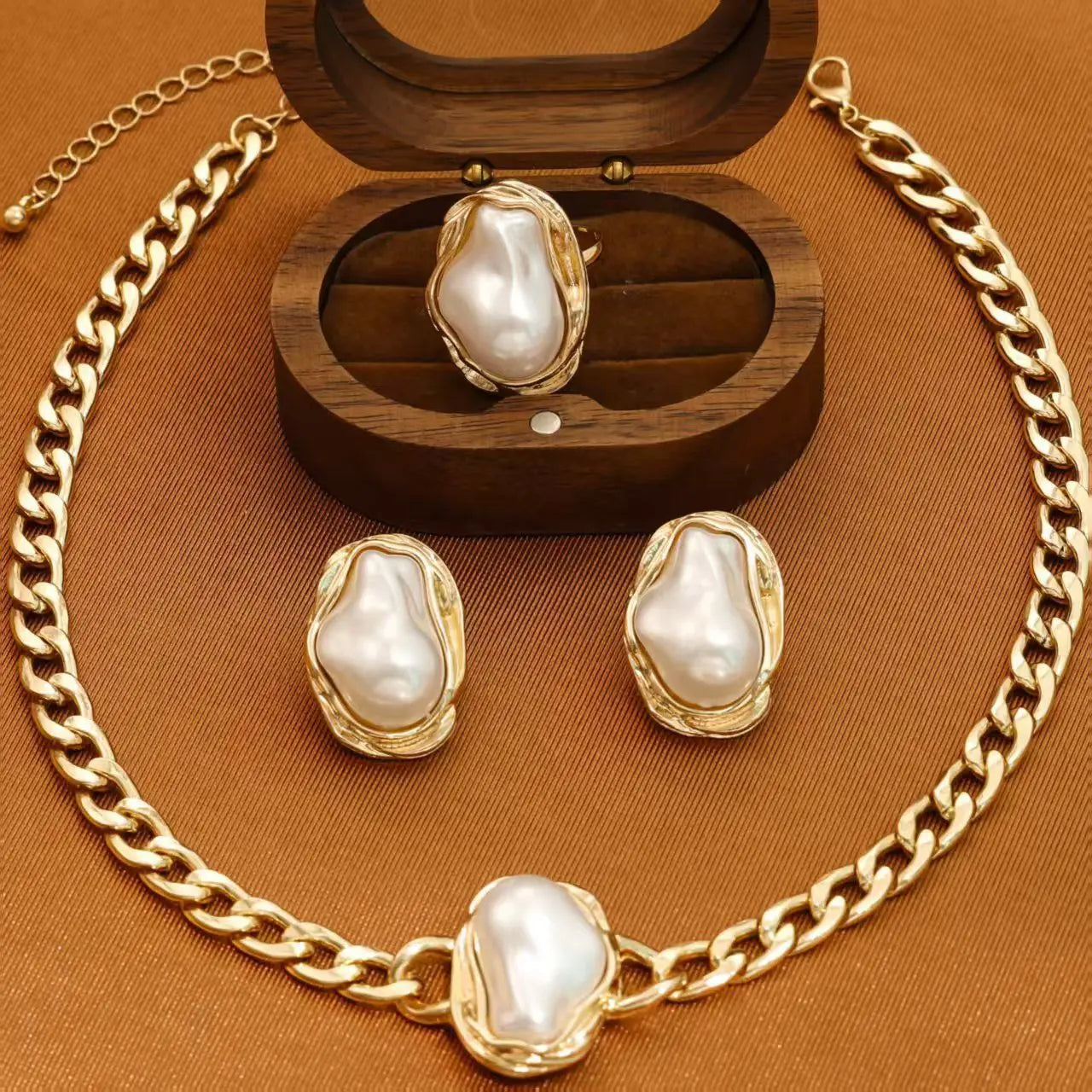 XM S121 Silver Plated Zircon Baroque Pearl Wedding Engagement Jewelry Set for Women Chunky Chain Necklace Earrings Bracelet Ring