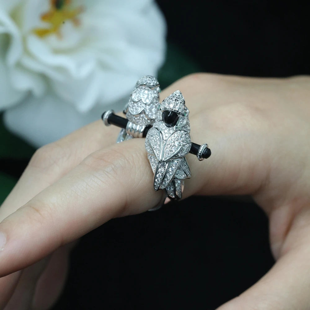 MuShan Jewelry Factory 925 Sterling Silver Gold Plated Ring High Carbon Diamond Double Headed Parrot Ring High End Accessory
