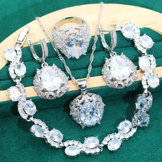 AAA 925 Silver Women's Jewelry Set with Zircon Wedding Earrings Necklace Pendant Ring Bracelet for Bridal Dating Party