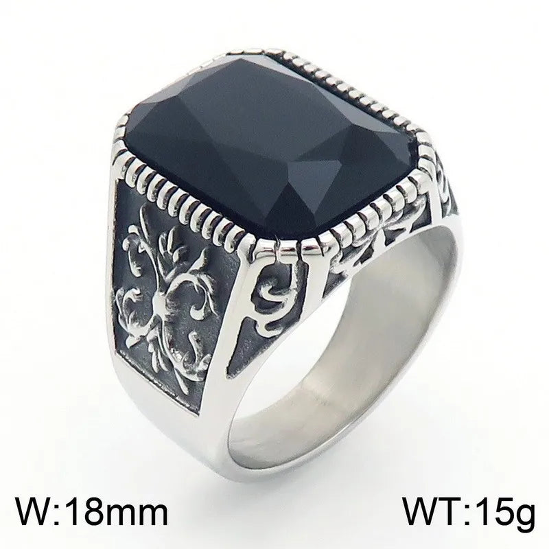 Kalen Vintage Viking Jewelry Luxury Court Style Gemstone Carved Zircon Inlays Stainless Steel Men Rings