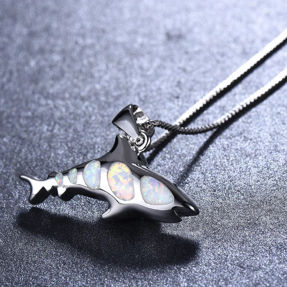 Dynamic Shark Pendant Necklace Aobao Multi-Inlaid Detail Nautical Jewelry
