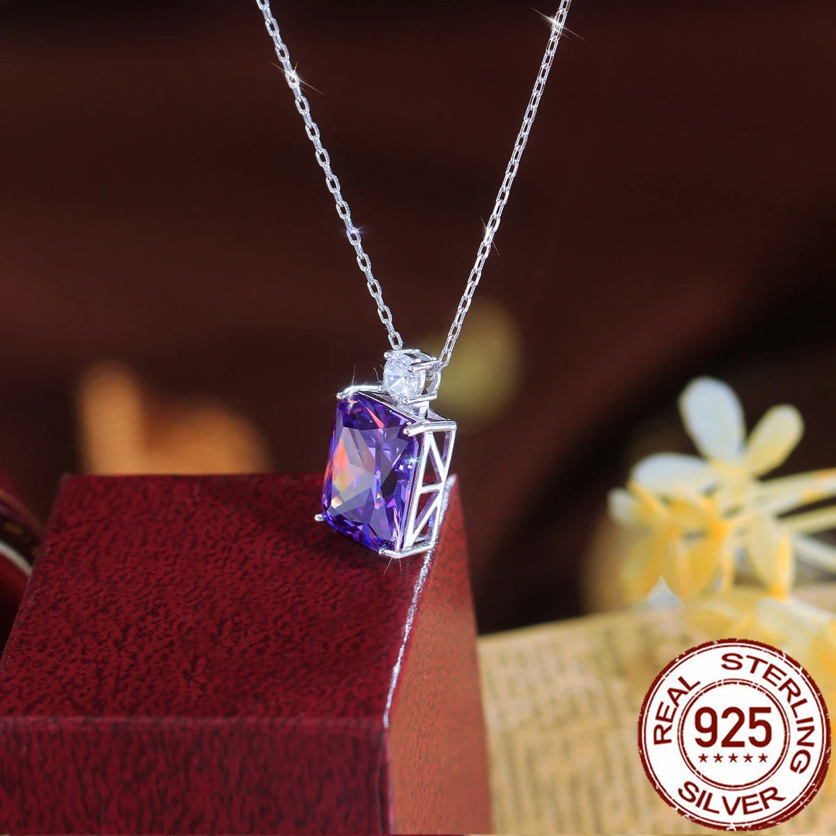 S&S 925 Sterling Silver Purple Baguette CZ Pendant Necklace – Rhodium Plated – Collection