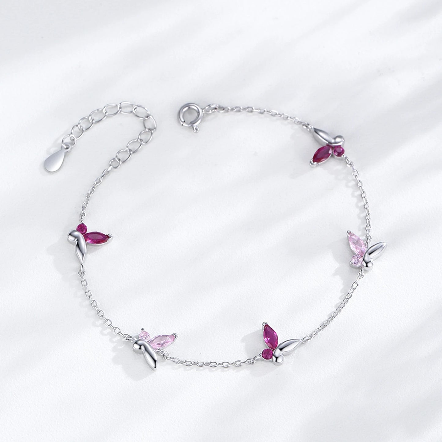 Ailmay Pink Butterfly Bracelet Necklace 925 Sterling Silver Jewelry Set for Women Romantic Wedding Jewelry