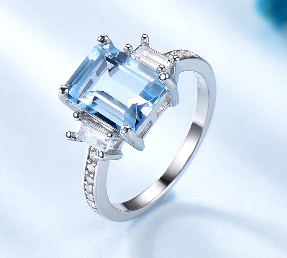 925 Sterling Silver Jewelry Sets for Women Gemstone Sky Blue Topaz Ring Clip Earrings Female Wedding Engagement Jewelry