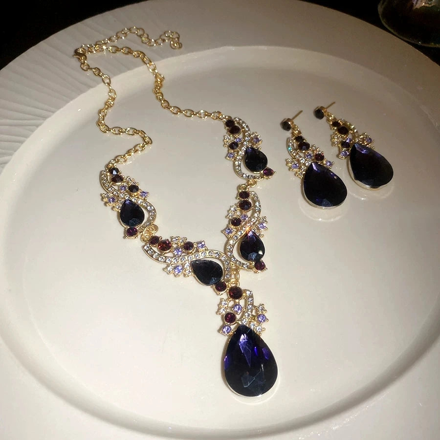 XM S373 Gold Plated Princess Cut Deep Purple Zircon Floral Statement Necklace & Drop Earrings Bridal Set
