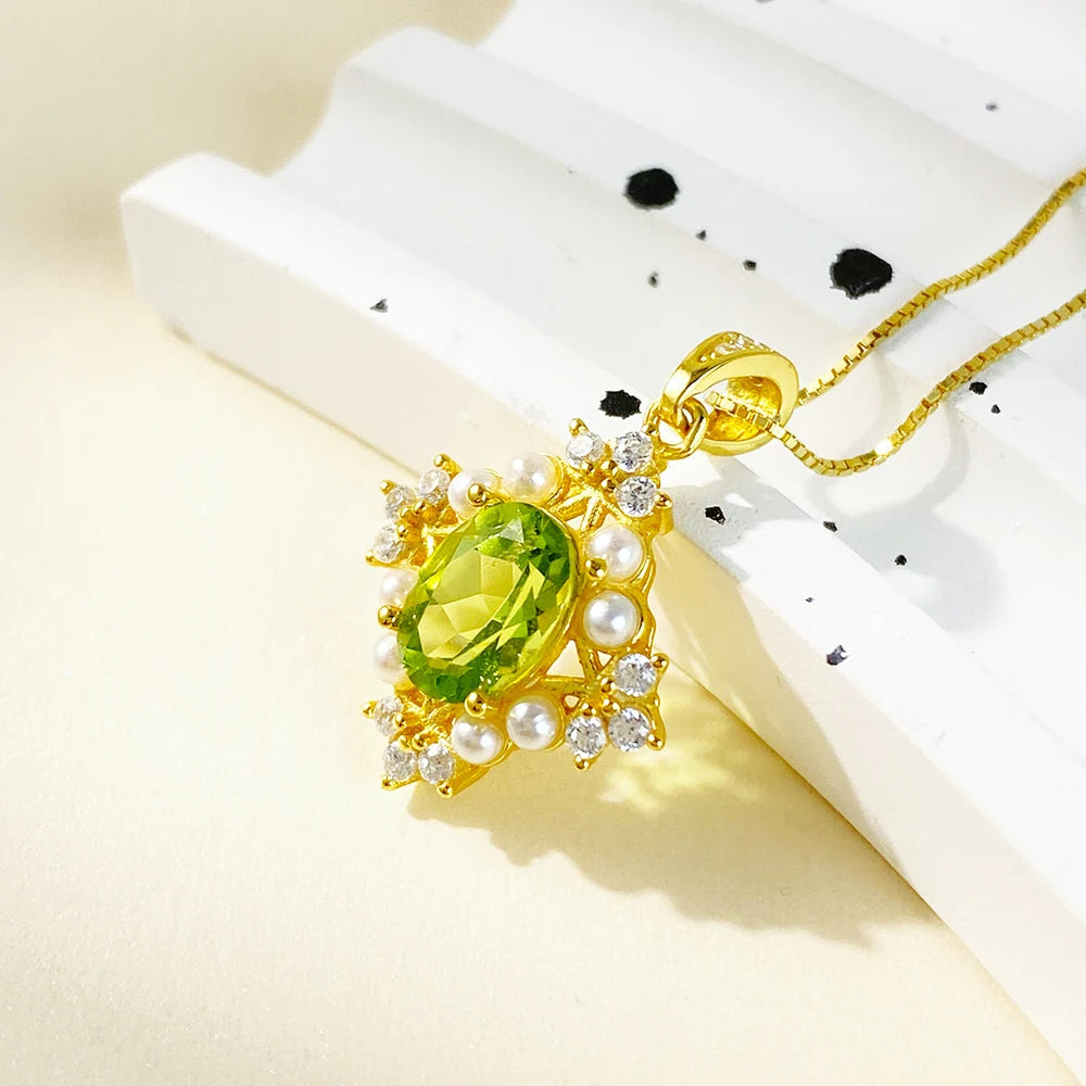 Gioiellieri Supplier for Natural Olivine Gemstone Gold Plated 925 Sterling Silver Luxury Pendant Necklace for Women