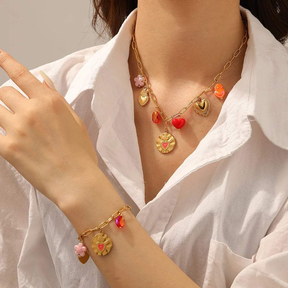 New Style Fashion Stainless Steel Gold Heart Pendant Necklace and Bracelet Set Women Luxury Jewelry Set
