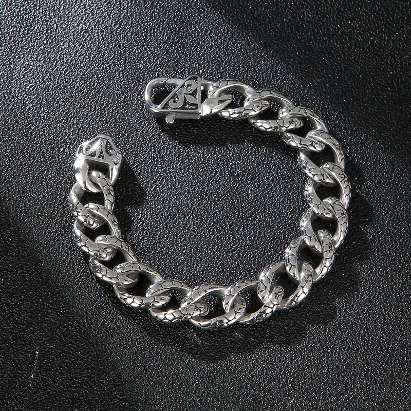VIKING Mens Gothic Snake Skin Cuban Link Bracelet – Silver Stainless Steel