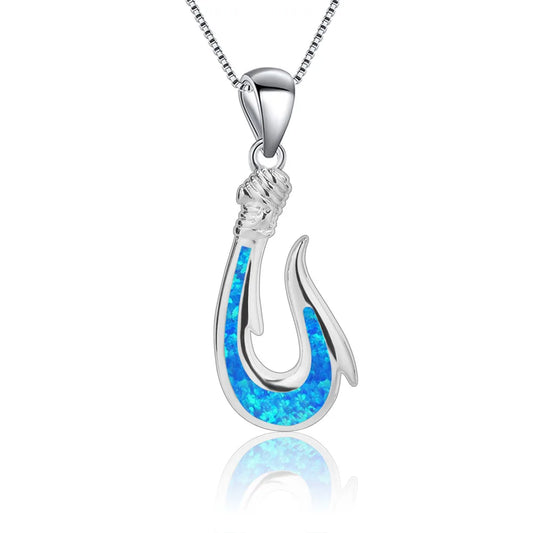 Aobao Christian Ocean-style Versatile Silver Plated Copper Alloy Link Chain Anchor Clavicle Featuring Blue Fishhook Pendant Opal