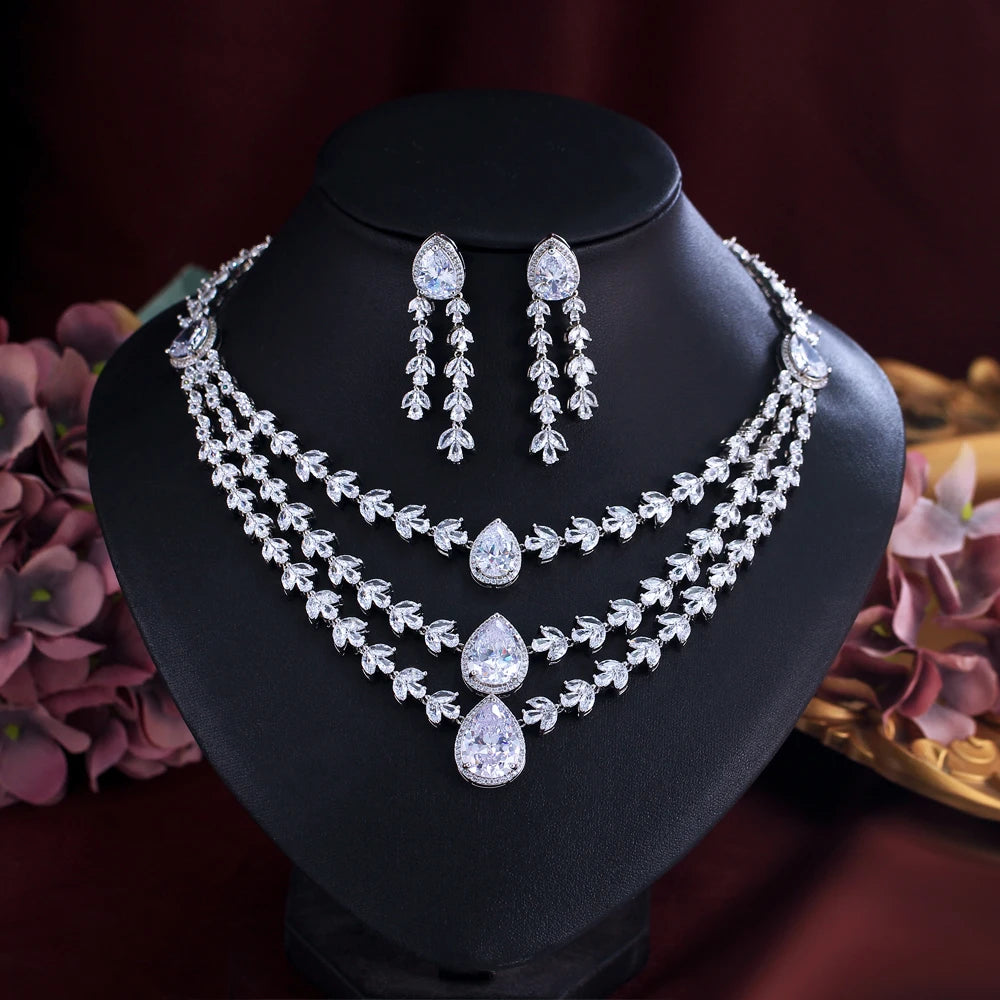 Shiny White Zirconia Water Drop 3 Layers Luxury Leaf Necklace and Earrings Wedding Bridal Big Jewelry Set for Women Party Wear