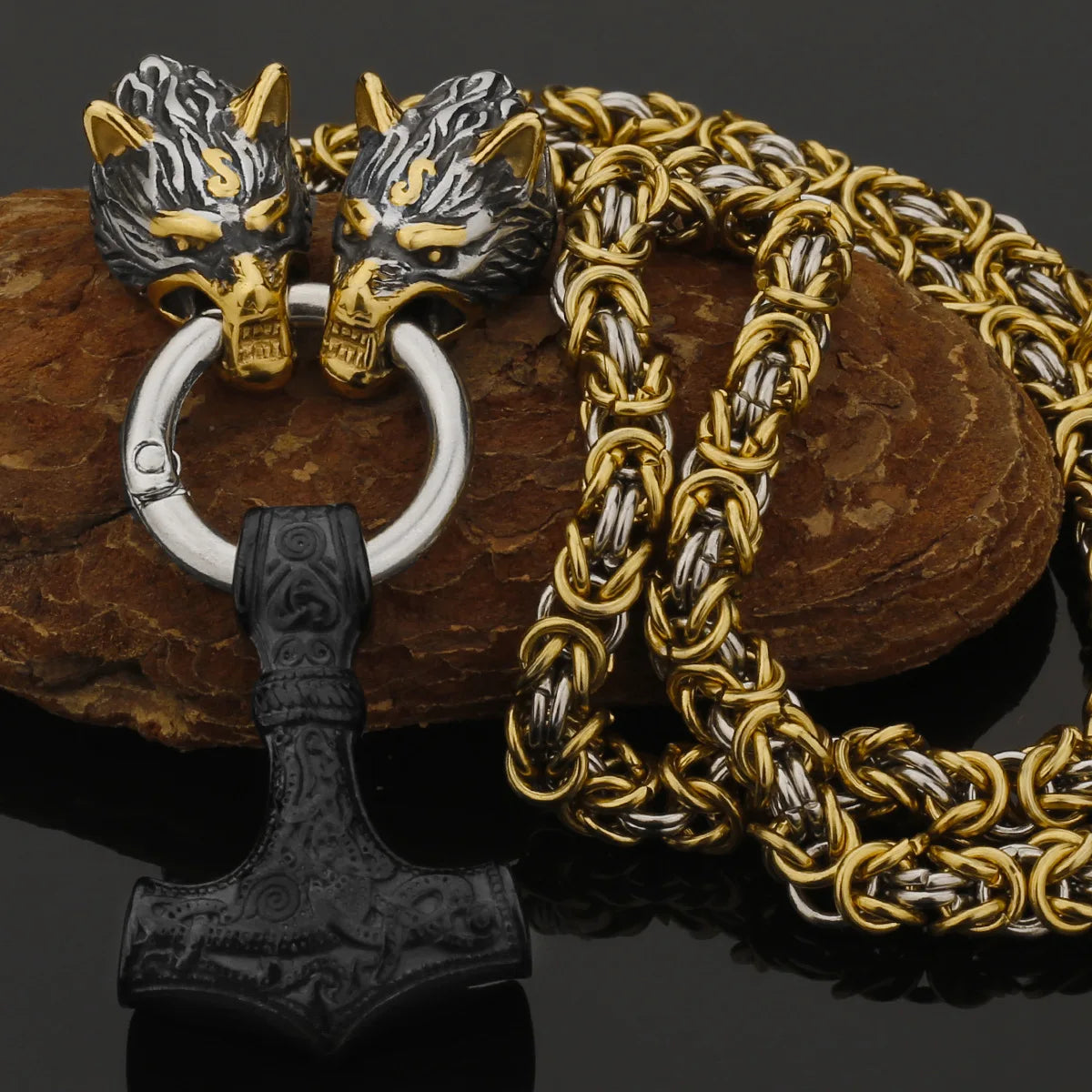 Wholesale Men's Stainless Steel Punk Pendant Necklace Gold Plated Thor Hammer Mjolnir for Mens Jewelry