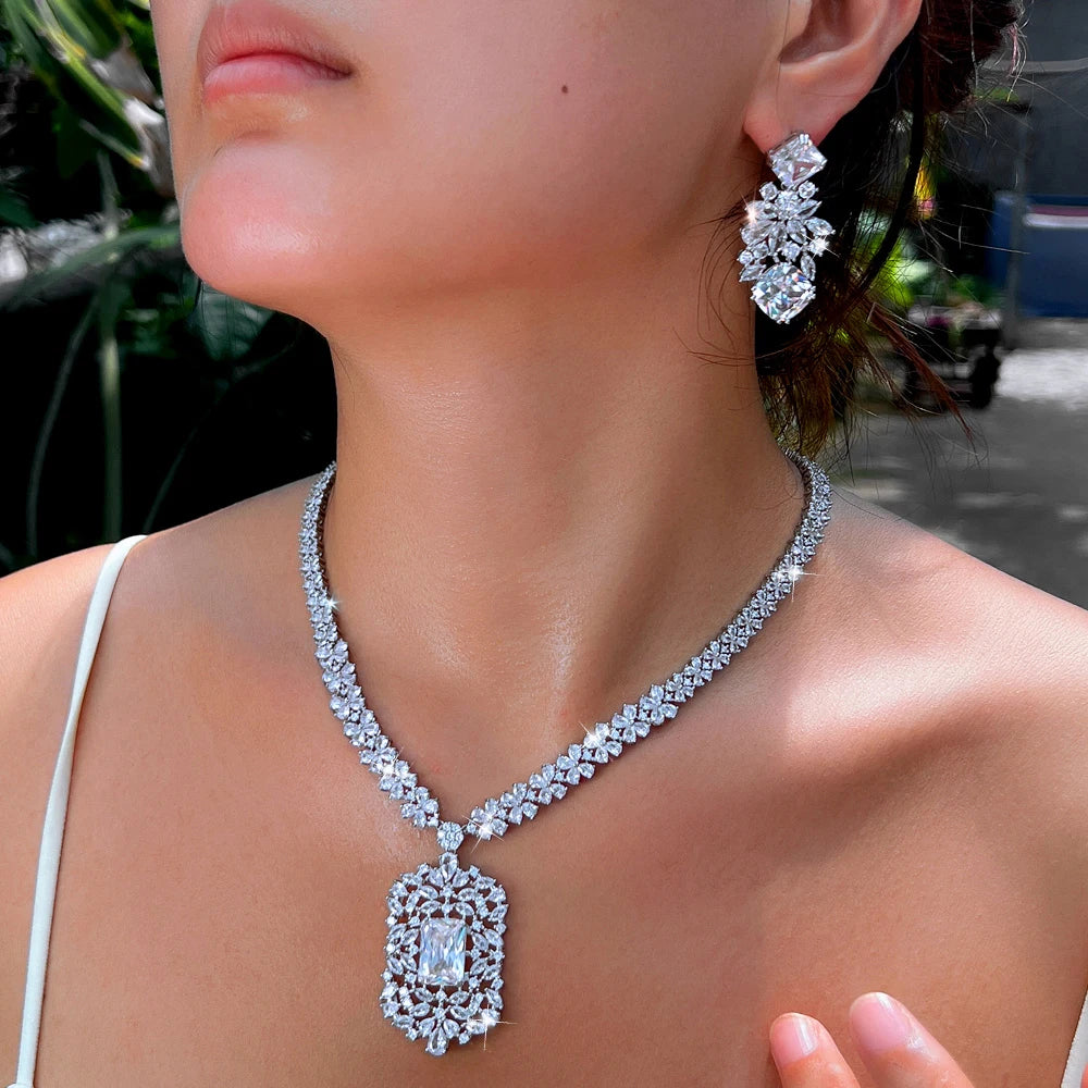 White Gold Color Blue Shiny Cubic Zircon Stone Indian Women Luxury Wedding Necklace and Earrings Costume Jewelry Set for Brides