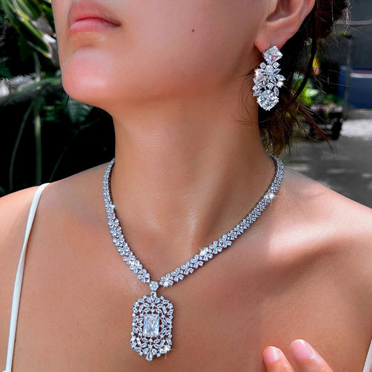 White Gold Color Blue Shiny Cubic Zircon Stone Indian Women Luxury Wedding Necklace and Earrings Costume Jewelry Set for Brides