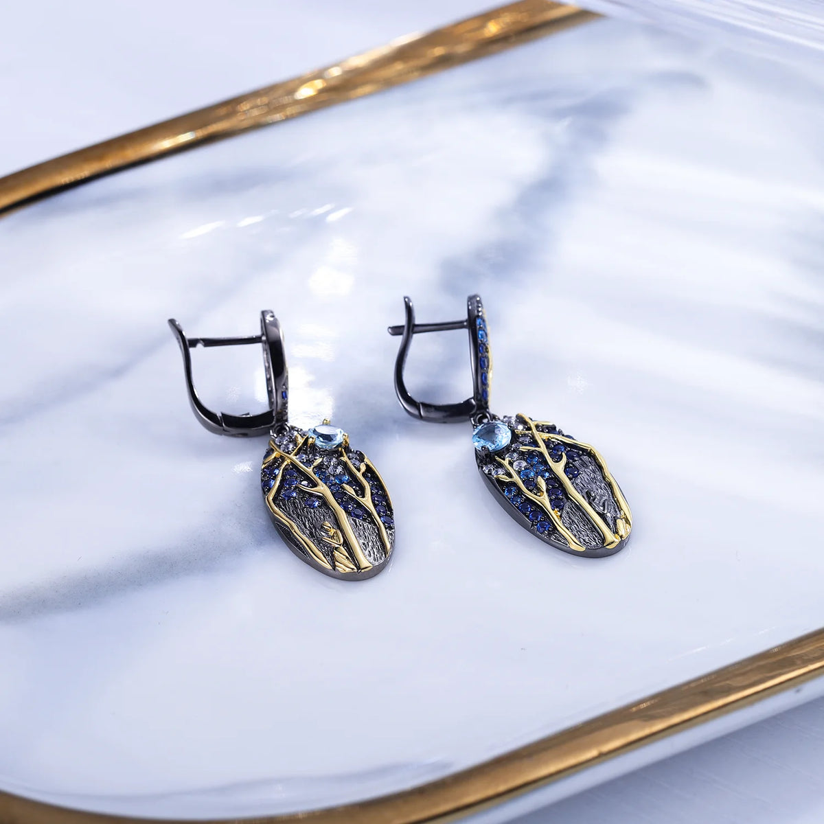 ArtistA C8206 Abding Black Gun Plated 925 Sterling Silver Elegant Sky Blue Topaz Gemstone Jewellery Set Big Drop Earrings Pendant Ring