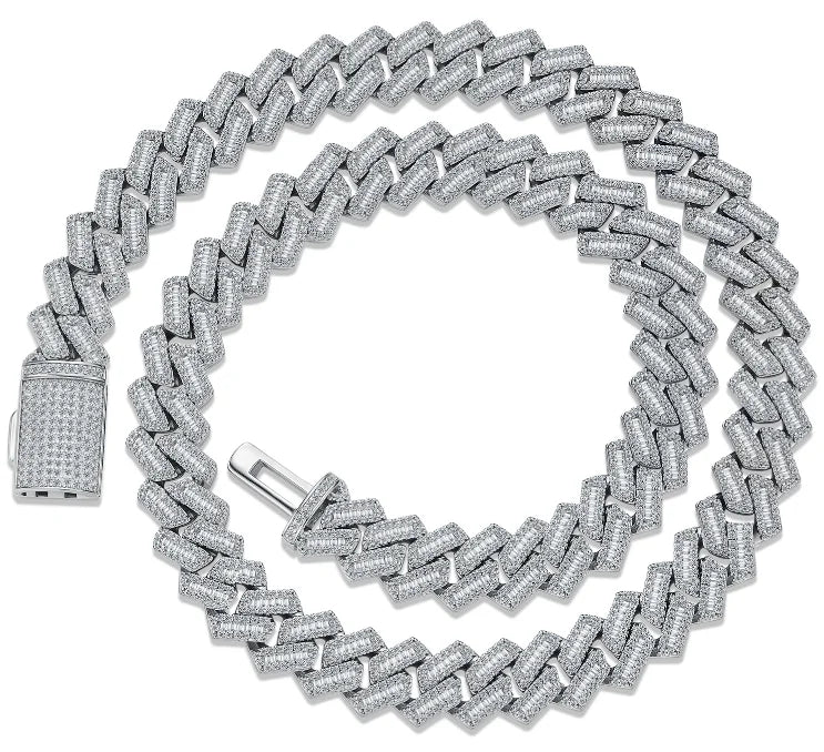 12mm Full Pave Artisan-Set Double-Lock Clasp Hypebeast Fine 925 Silver Clarity Cultured Moissanite 3D Cuban Link Chain Necklace