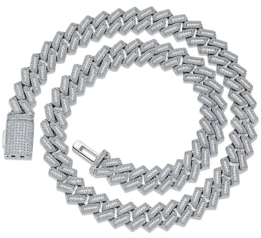 REBEL 12mm Full Pave Artisan-Set Double-Lock Clasp Hypebeast Fine 925 Silver Clarity Cultured Moissanite 3D Cuban Link Chain Necklace