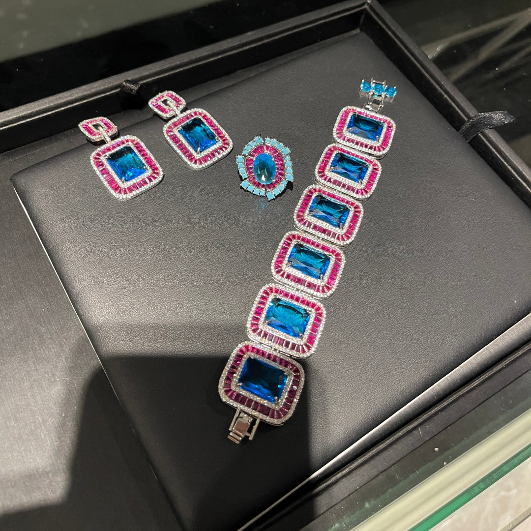 XOTICA TIANSHE Grace Jewelry Unique High End Luxury Brass Blue Zircon Crystal Bracelet Earrings Rings 3pcs Set