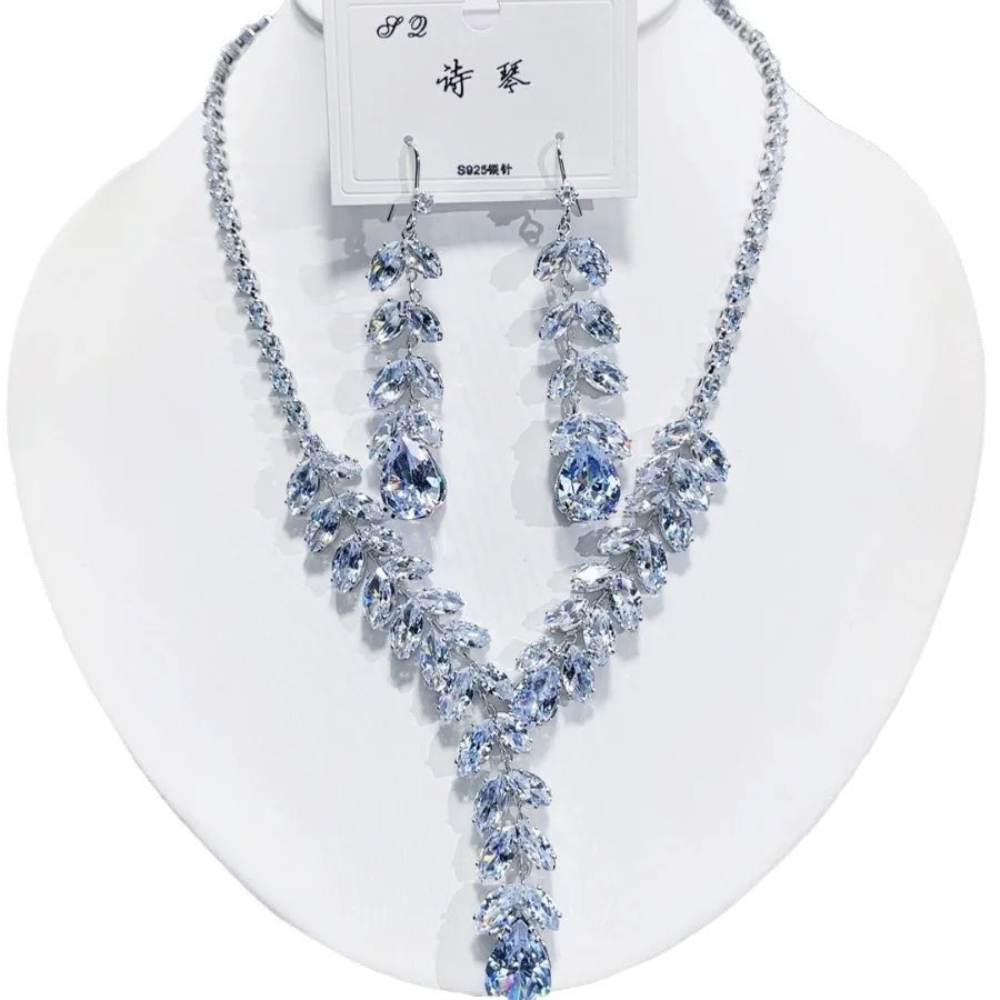 K062 Hot Selling Women Trendy Luxury Leaves Zircon Bridal Necklace Earrings Set Wedding Elegant Jewelry Set