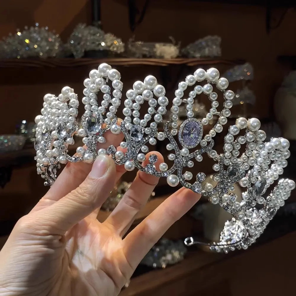 Japanese Korean Wedding Zircon Pearl Crown Princess Headdress Vintage Tiara Bridal Elegant Hair Accessory