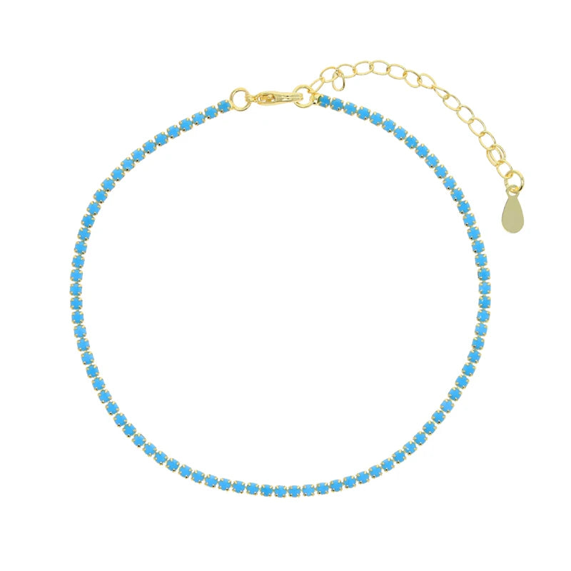 18K Gold Plated White Pink Green Turquoise Black Zirconia Fashion Women Jewelry CZ Summer Colorful Tennis Chain Foot Anklet