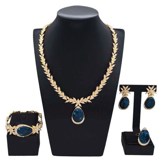 Zhuerrui High Quality Gold Jewelry Sets Silver Diamond Blue Drop Necklace Jewelry Set Fashion Valentine's Day Gifts HC23228