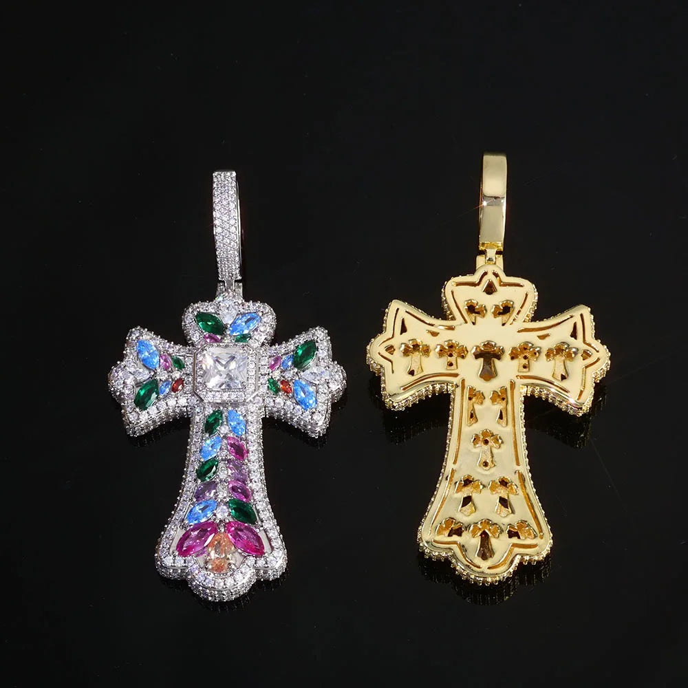 BiG-BOSS Hip-hop Colored Gemstone Wheat Ears Cross Pendant. Factory Direct Sale.