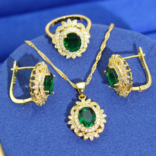 Women's Gold Plated Classic Style Jewelry Set with Green Zircon Includes Earrings Necklace Pendant Ring for Wedding or Party