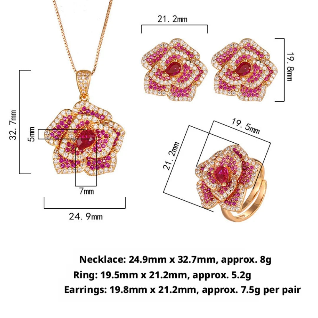 S&S Rose Gold Plated Pavé Red Zircon Floral Jewellery Set – Collection
