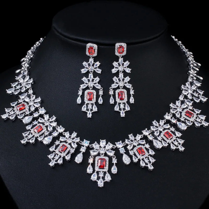 Shiny Red Cubic Zircon Big Round Tassel Drop Necklace Earrings Jewelry Sets for Brides Luxury Wedding Prom Dress Accessories