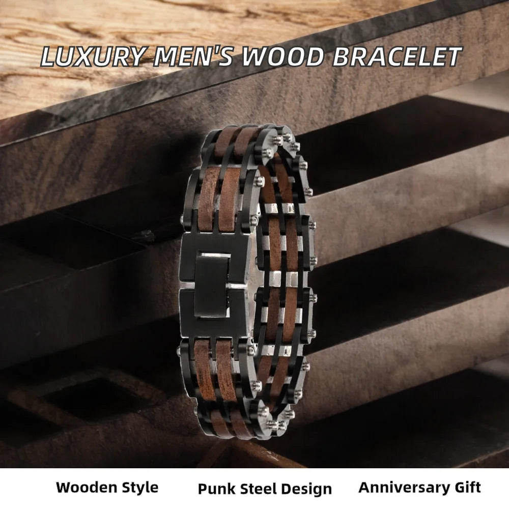 REBEL Natural Wood & Stainless Steel Punk Chain Bracelet