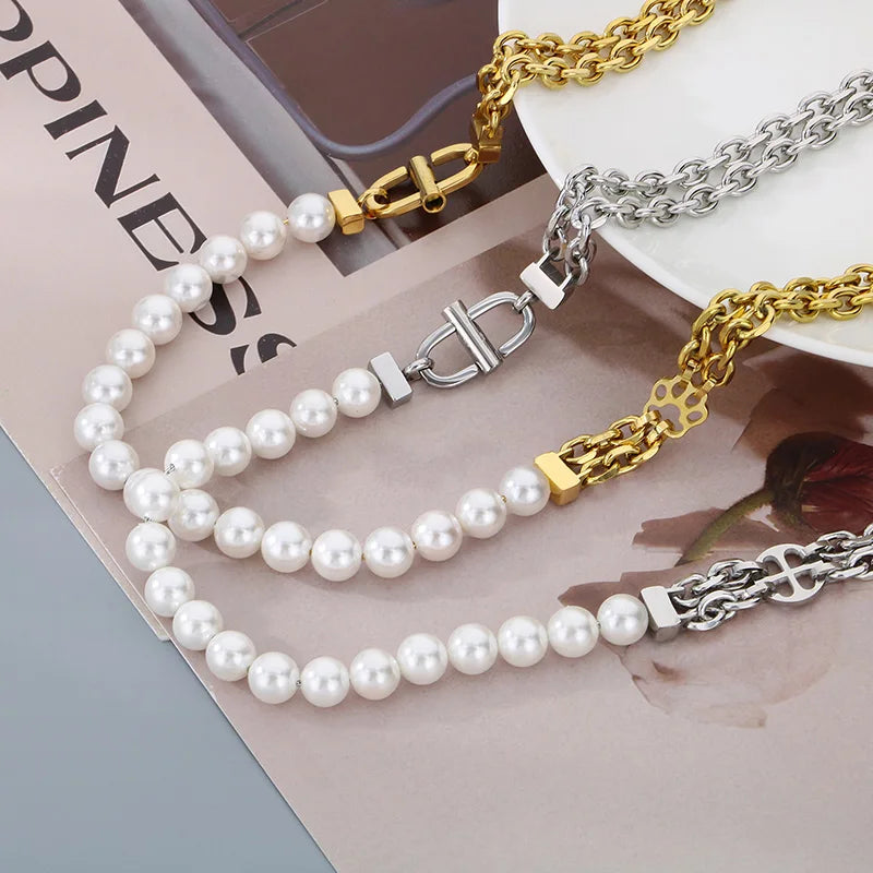 REBEL Unisex Elegant Noble Style Stainless Steel&Pearls Necklace