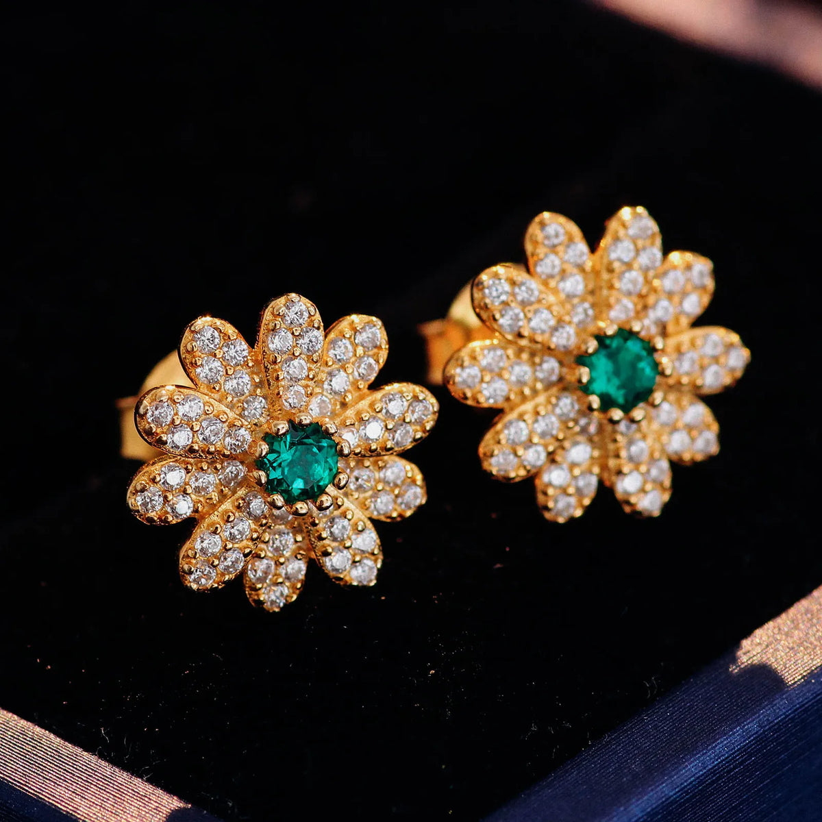 S&S Lab-Grown Emerald Sunflower Stud Earrings – Silver Alloy – Collection