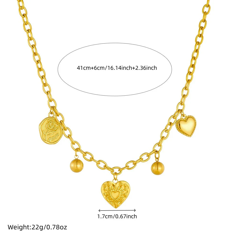 Hot Sell Fashion Stainless Steel Gold Heart Pendant Necklace and Bracelet Set Women Simple Jewelry Set