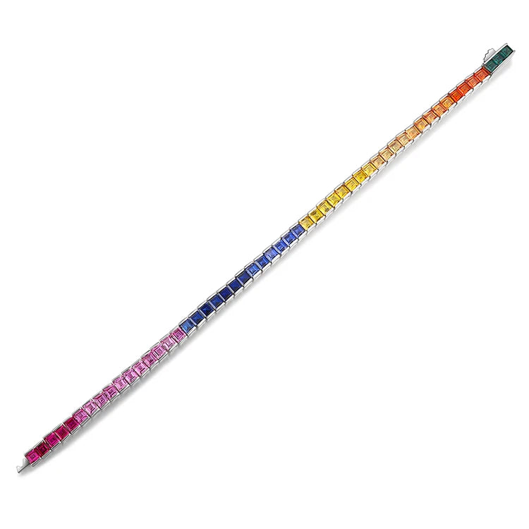 Gemfiori New Coming Real 925 Sterling Silver Charm Rainbow Tennis Bracelet for Women