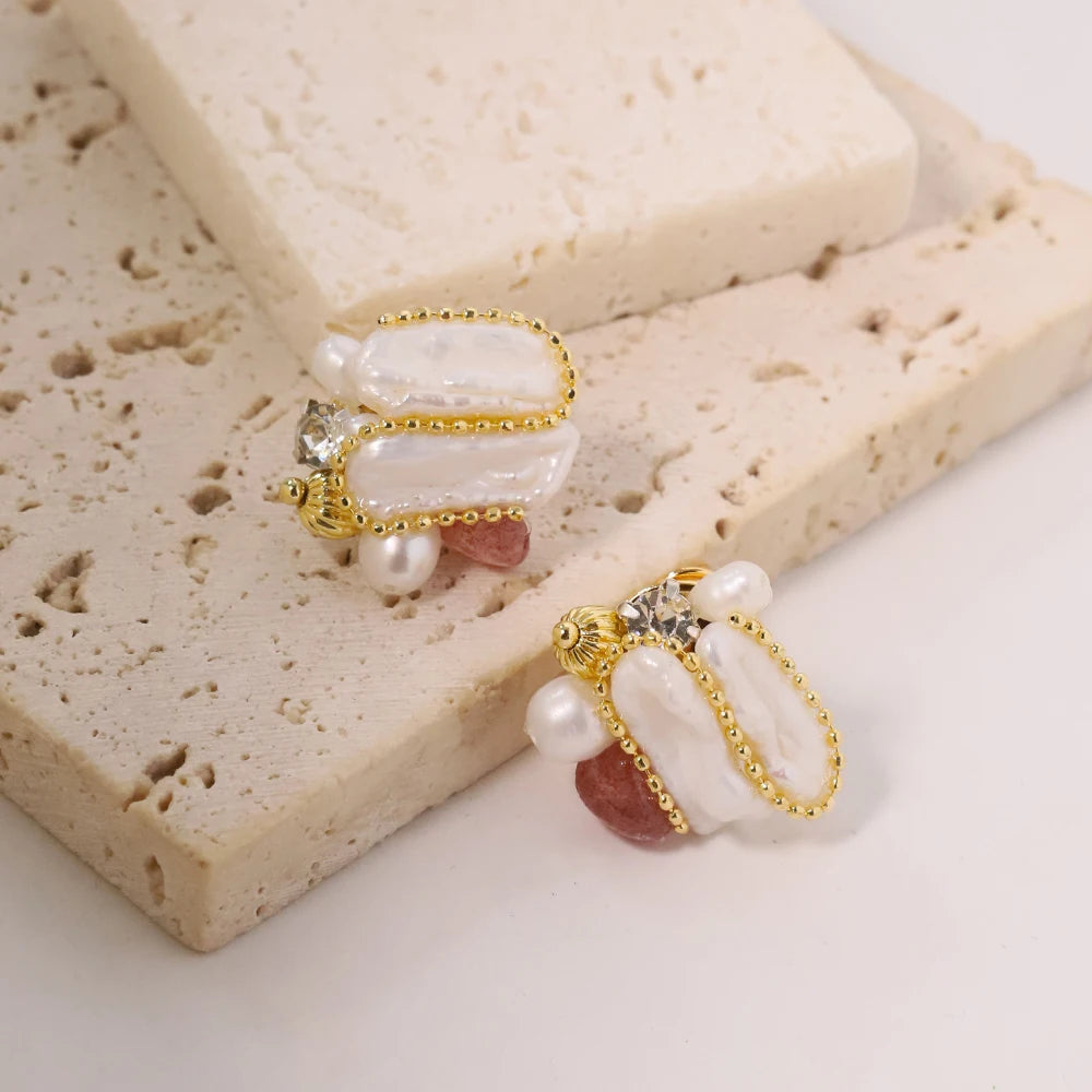 Natural Freshwater Baroque Pearl Strawberry Crystal Earrings Korean Style Women Luxury Jewelry Fashion Ladies and Girls Gift