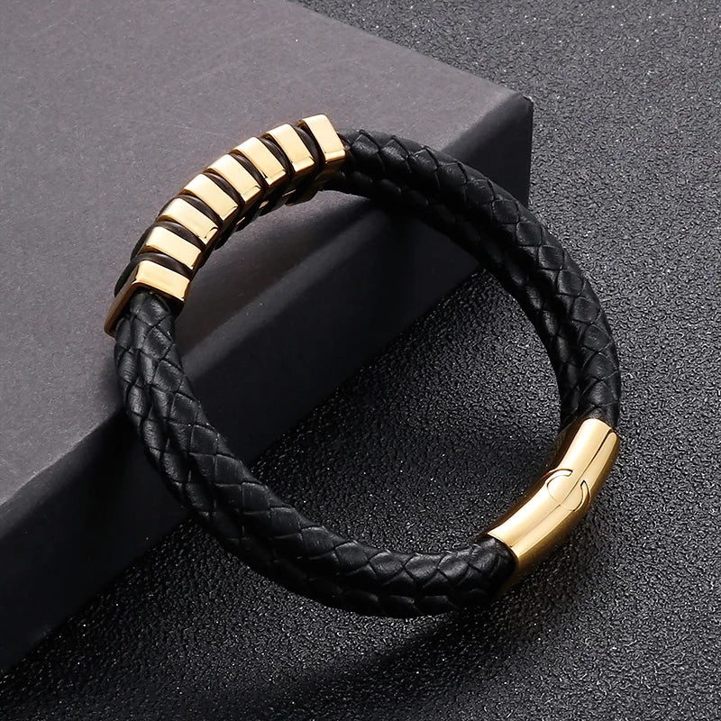 KALEN Unisex 210mm Silver/Gold Color Casual Stainless Steel&Cowhide Link Bracelet