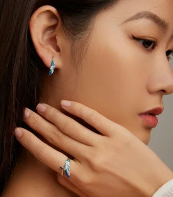 S&S Blue Zircon Feather Earrings & Ring Set | 925 Silver | Ethnic Boho Style | Adjustable | S&S Collection