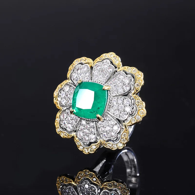 Gemfiori Blooming Flowers Inlaid with Rich Green Zircon Ring Pendant Clavicle Chain Set Star Charm Pattern Jewelry