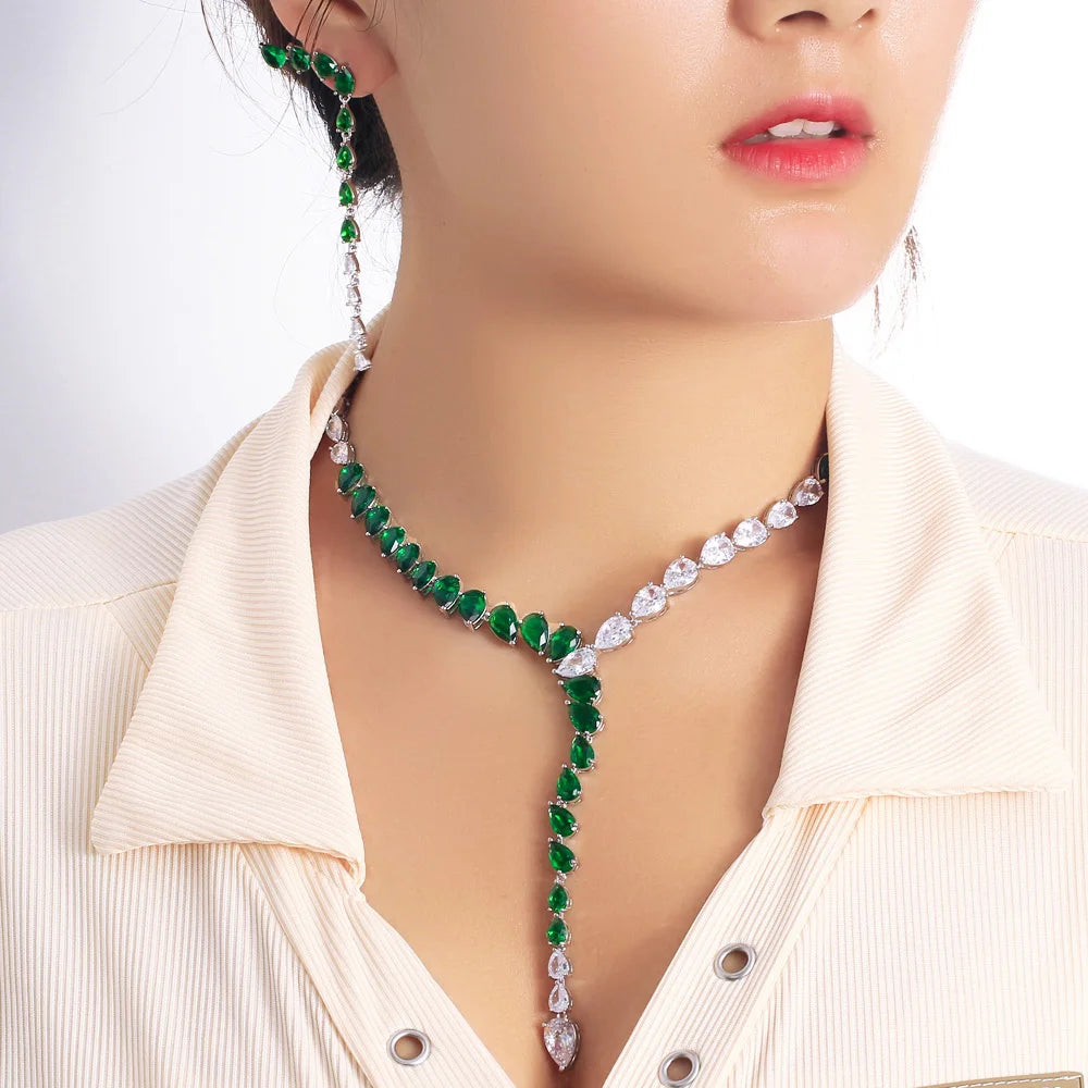 Luxury Green White Colour Zircon Water Drop Pendant Long Earrings Y Shape Necklace Women Party Tennis Necklace Chain Jewelry Set