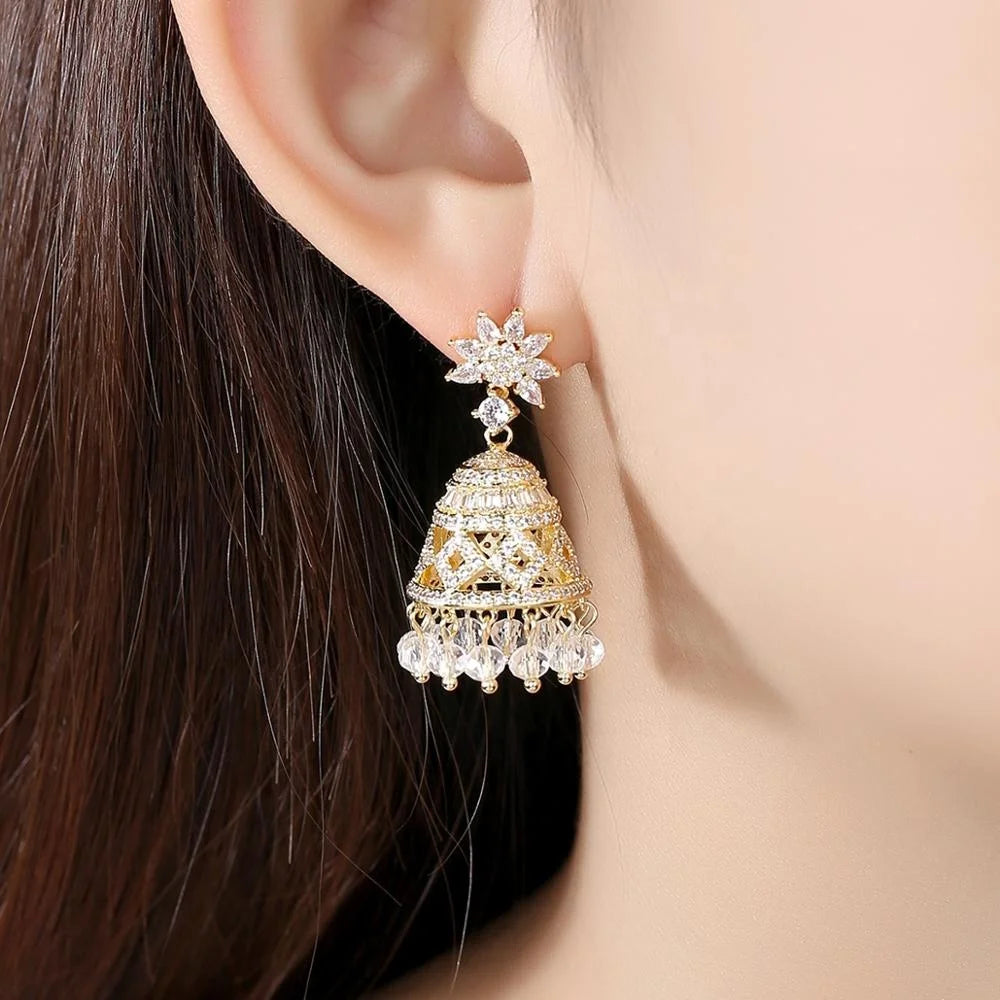 Classic Gold Color Indian Style Big Dangle Drop Earrings Bridal Wedding Inlaid Colorful CZ Star Shape Fashion Jewelry Bling New