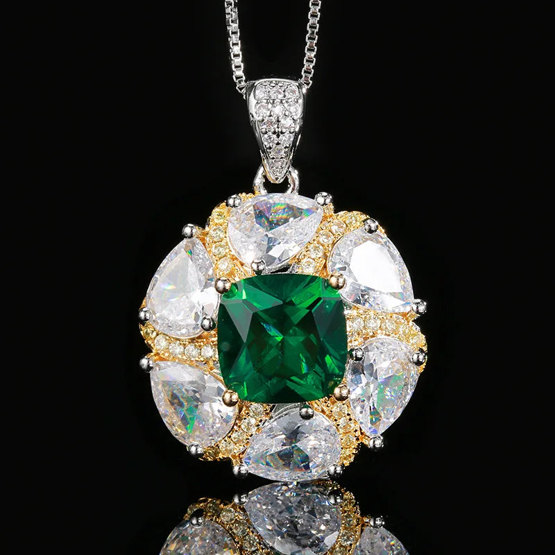 Gemfiori Vintage Fashion Emerald Pendant Earrings Necklace Earrings Ring Set Luxury Women's Ring Crystal Zircon Aesthetic Gift