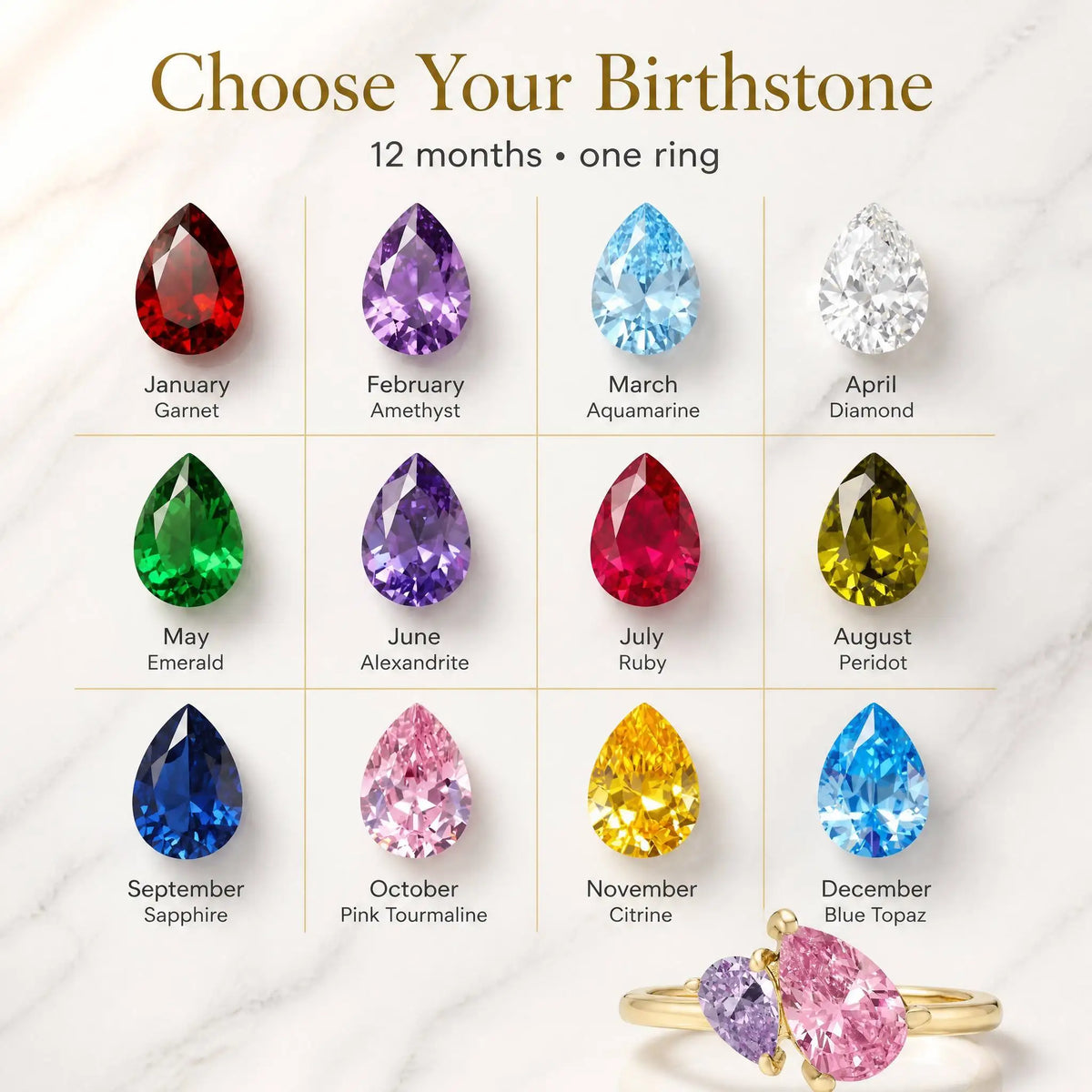 Birthstone Ring for Women Zirconia Toi Et Moi Ring 12 Colors Waterproof Skin-Friendly Gold Plated Steel Custom Anniversary Gift
