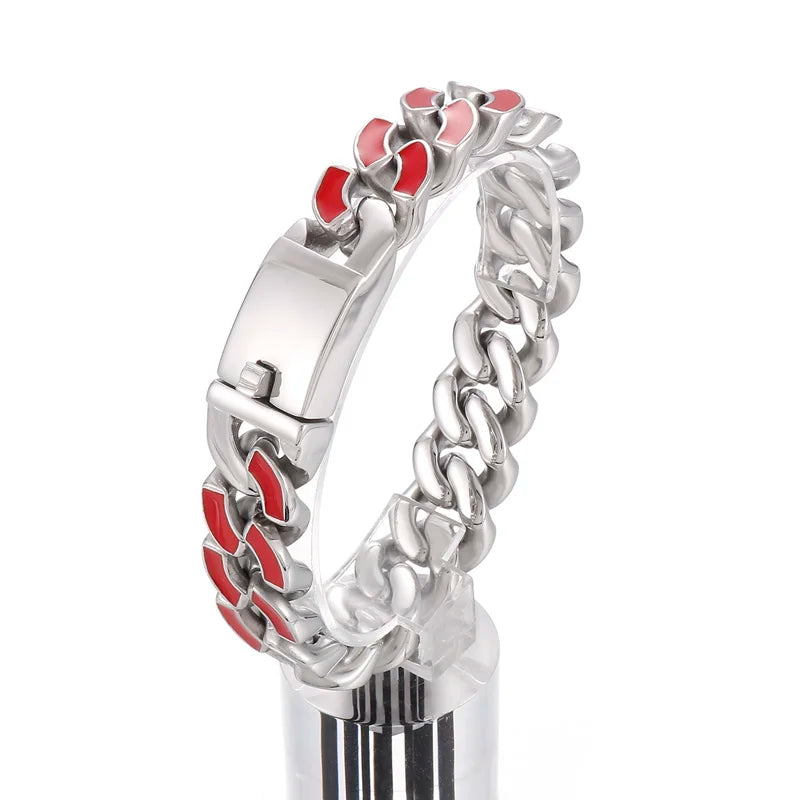 KALEN 220mm Men Stainless Steel&Red/Blue Enamel Cuban Links Chain Bracelet