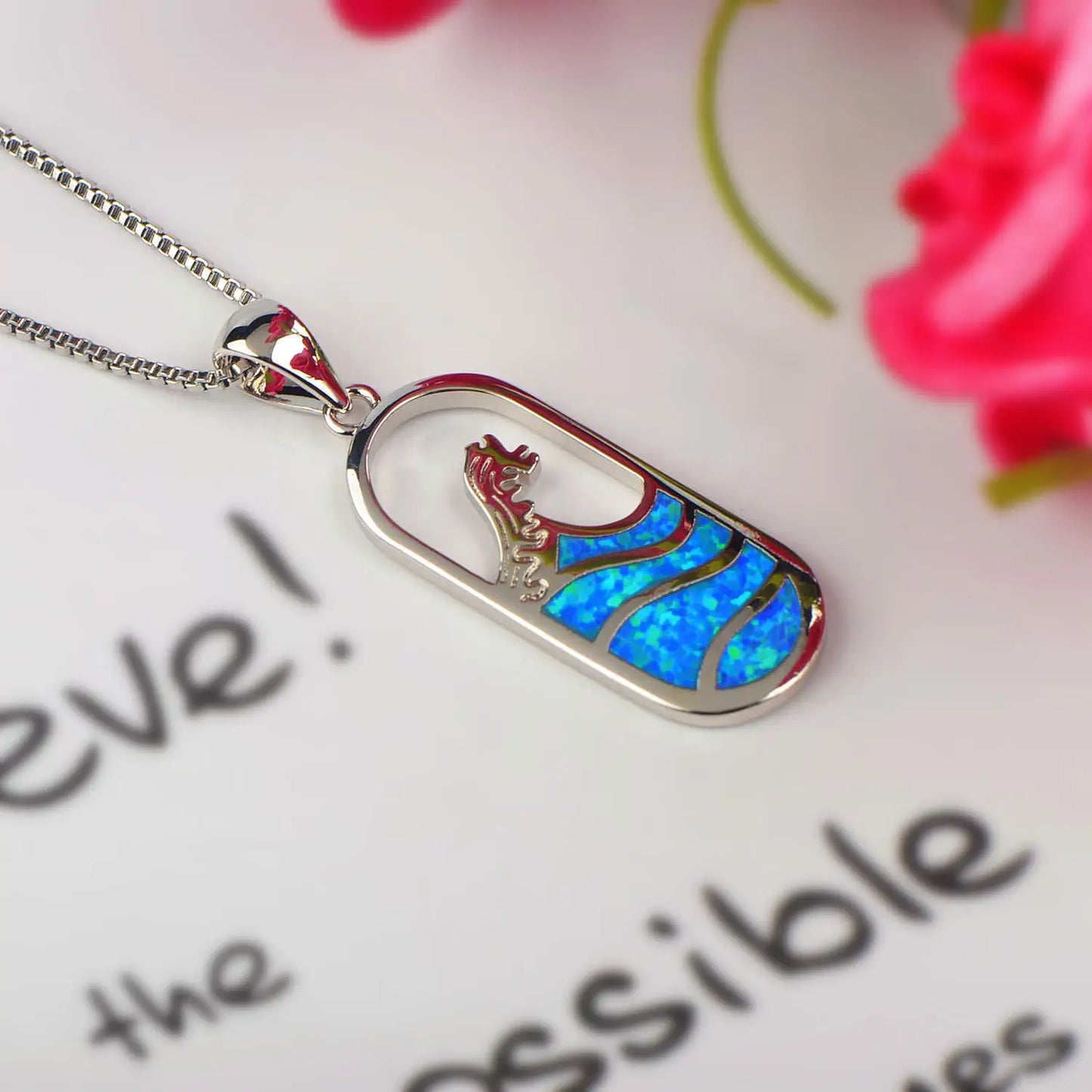 Ins Trendy Copper Hawaiian Blue Opal Wave Bottle Necklace | Dainty Silver Plated Link Chain Sweater for Women Daily Life