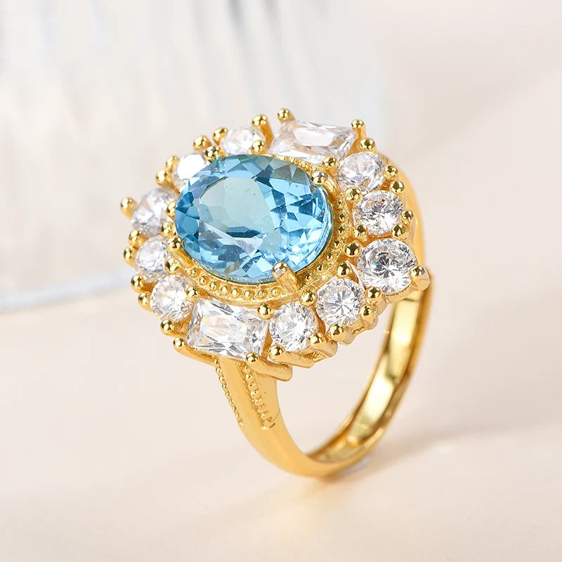 Gioiellieri Natural Blue Topaz Ring with Oval Cut Blue Gemstone for Vintage Style Jewelry in 925 Sterling Silver for Her Anniversary