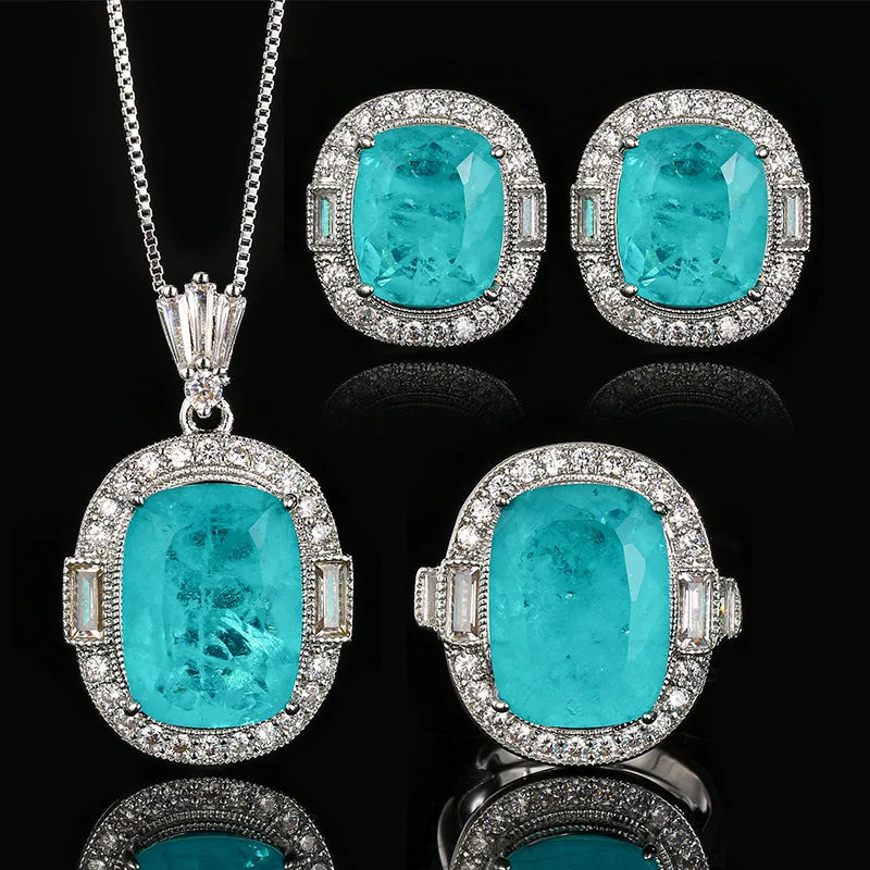 REDheart Women's Copper Inlaid Zircon Gold-Plated Flower Open Ring Simulation Paraiba Blue Fashion Necklace Pendant Set