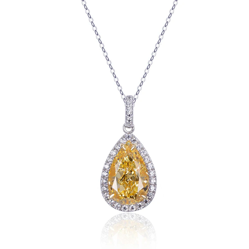 Messi Jewelry MSN-656  925 Silver Sterling Necklace  3CT Pear Drop Bright Yellow Carbon CZ Diamond Solid Pendant Necklace